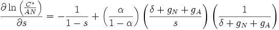 \frac{\partial\ln{\left(\frac{C^*}{AN}\right)}}{\partial s}=-\frac{1}{1-s}+\left(\frac{\alpha}{1-\alpha}\right)\left(\frac{\delta+g_N+g_A}{s}\right)\left(\frac{1}{\delta+g_N+g_A}\right)